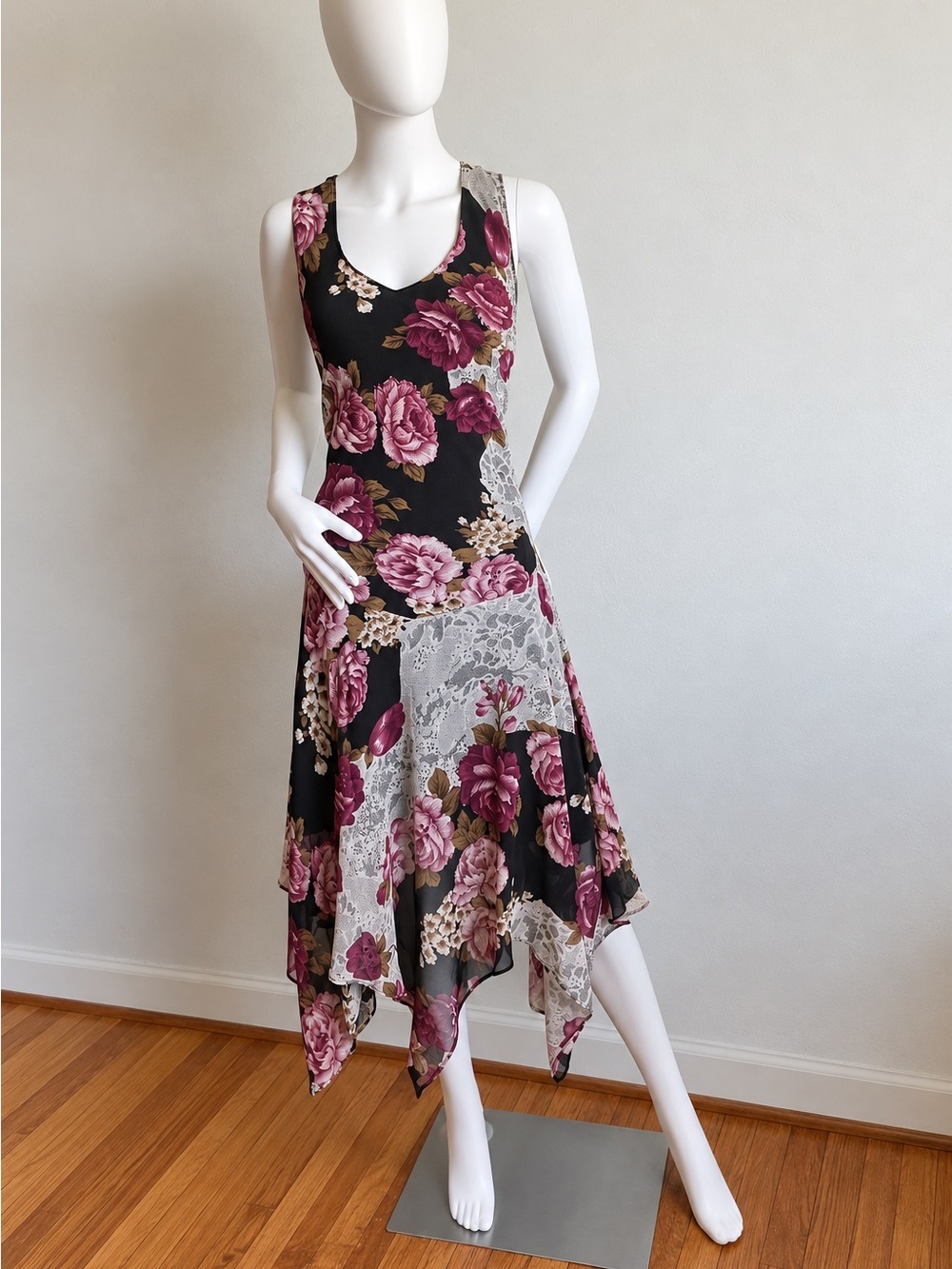 Floral Handkerchief Hem Tank Dress in Black and Pink